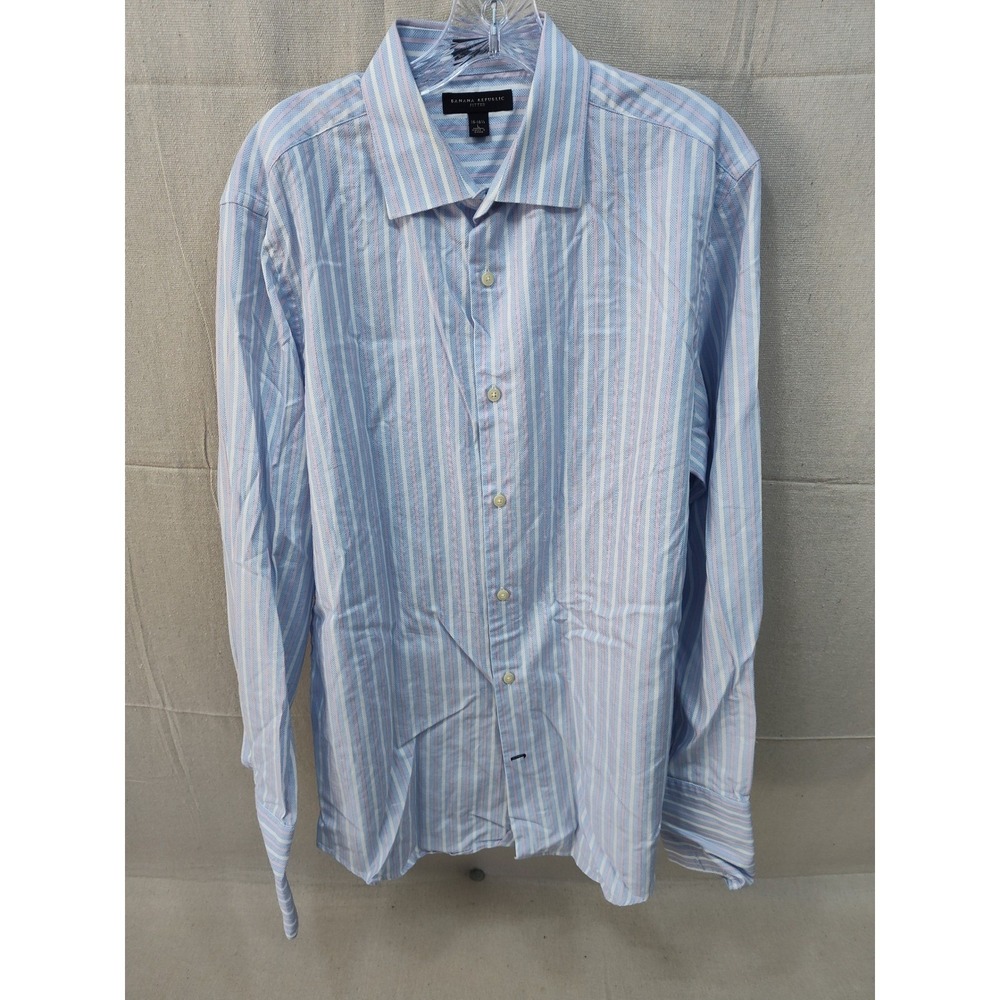 Banana Republic Fitted Dress Shirt Mens L 16-16.5 Blue Pink Striped Italy Fabric